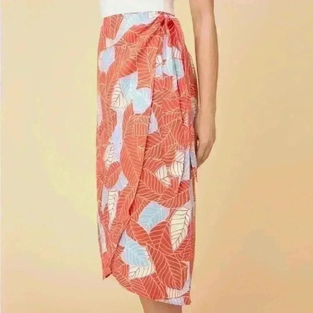 UNTUCKit Wilma Coral Orange Tropical Print Wrap Midi Skirt Size XL beach